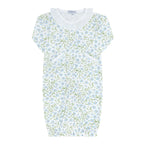 Baby girl converter gown in a blue and green floral print with a white ruffled collar.
