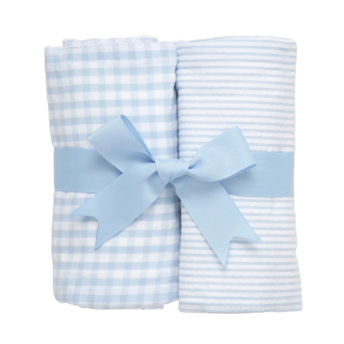 Set of two blue rolled burp cloths- blue gingham and blue stripe seersucker tied with a blue grosgrain ribbon