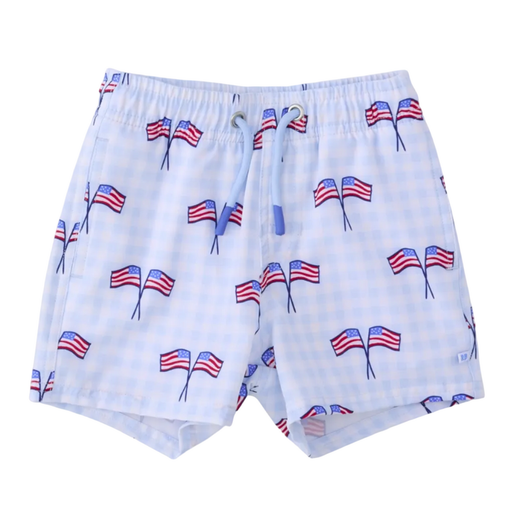 Boys swim trunks with American flag pattern on a light blue gingham check.