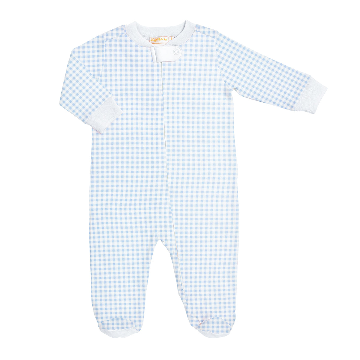 Baby boy zipper footie sleeper with blue and white check pattern.