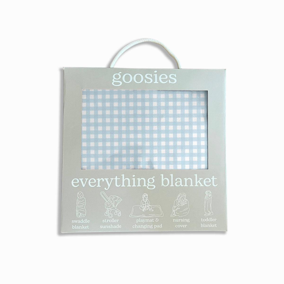 A packaged baby blanket set from Goosies, featuring a light blue and white gingham pattern. The product is shown in its retail packaging with a hanging loop, displaying text that reads 'goosies everything blanket' along with illustrations of baby activities.