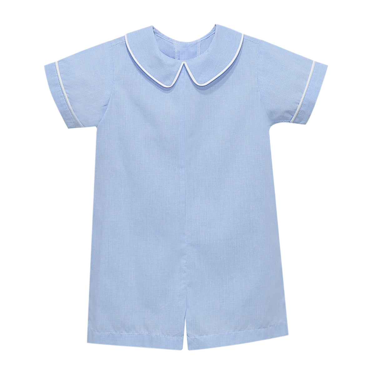 Blue mini gingham baby romper with white piping and point collar