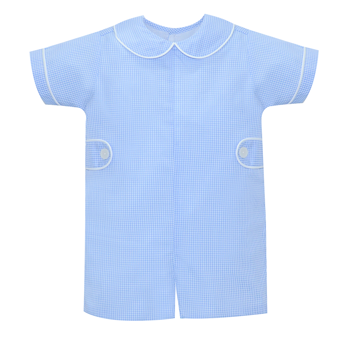 A light blue and white gingham baby boy dressy romper with a Peter Pan collar, short sleeves, and two button side tabs.