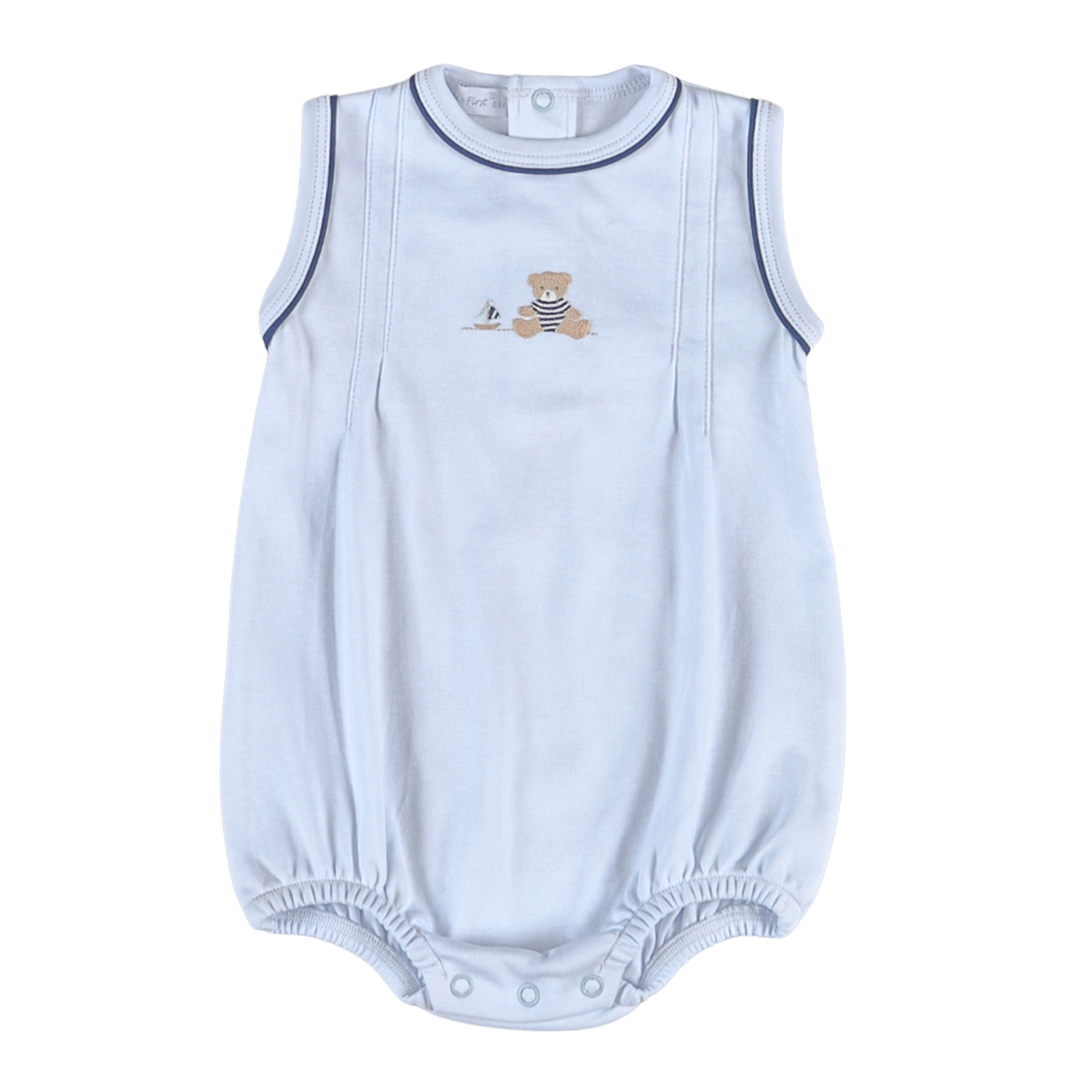 Light blue baby boy sleevless romper with a hand embroidered teddy bear and sailboat design.