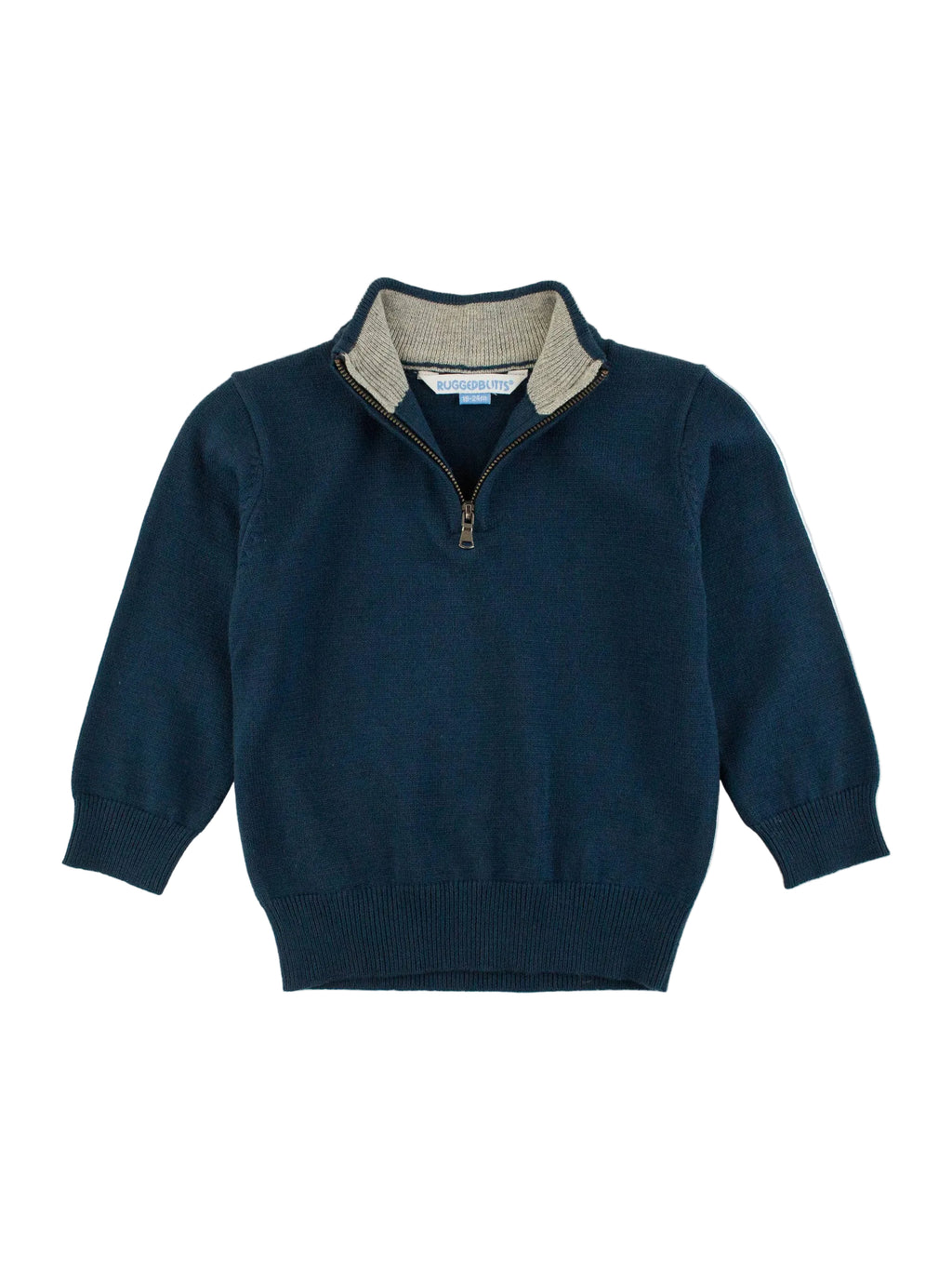 Navy blue sweater with a gray collar on a white background