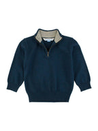 Navy blue sweater with a gray collar on a white background