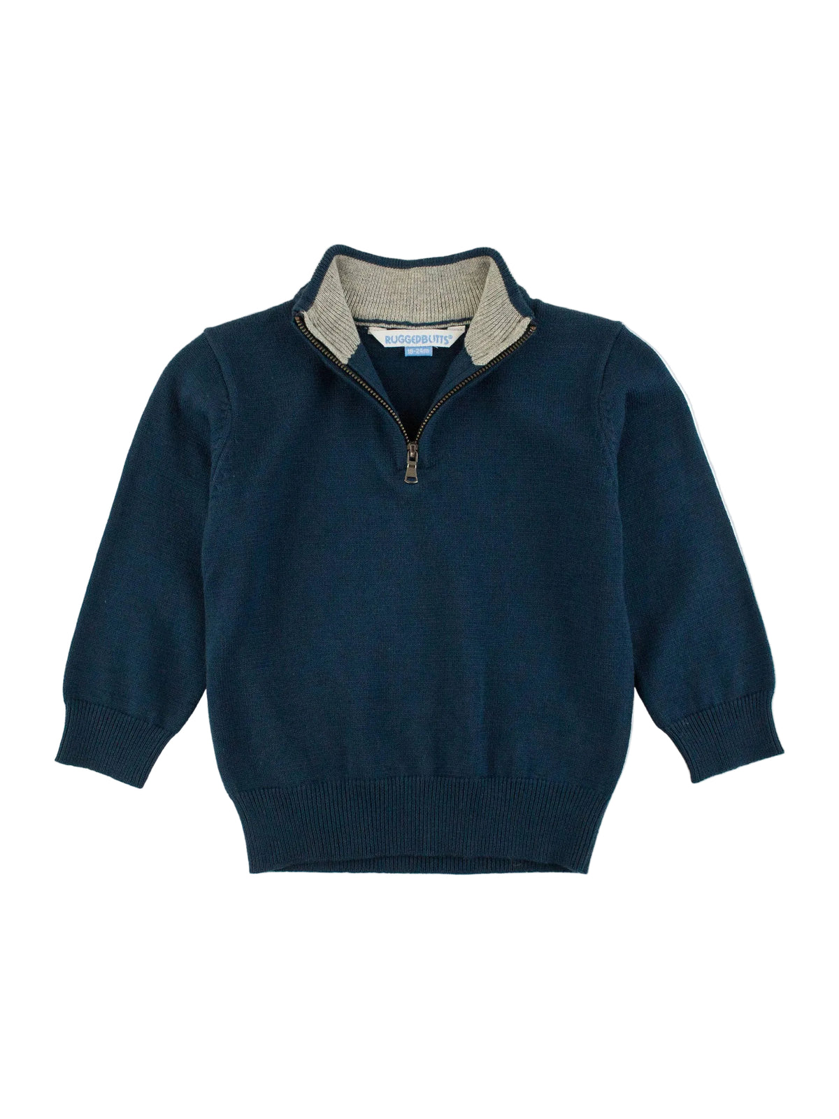 Navy blue sweater with a gray collar on a white background