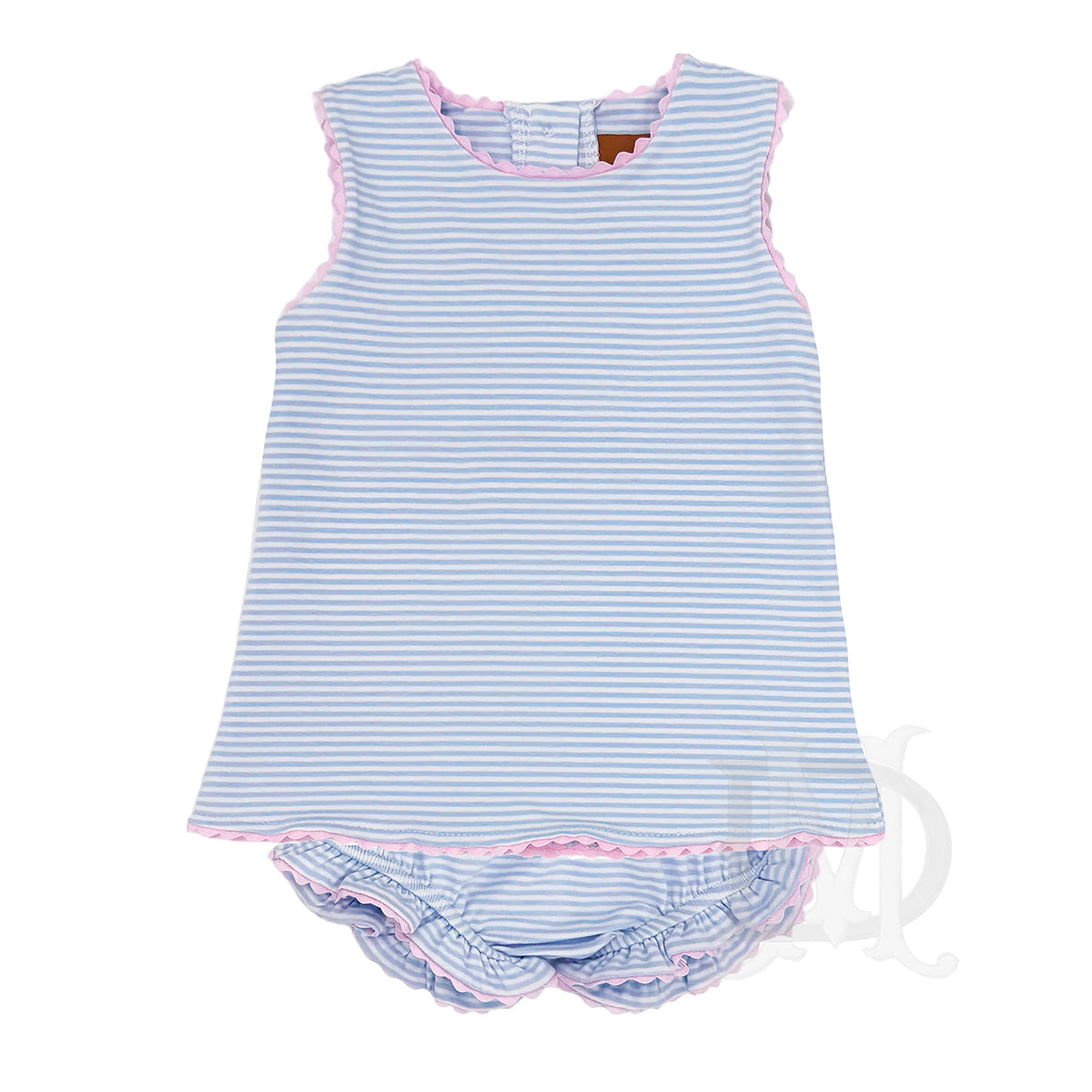 Baby girl's blue and white striped bloomer set two-piece outfit with pink rickrack trim.