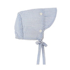 Blue and white striped baby boy sun bonnet classically styled with buttons and piped trim.