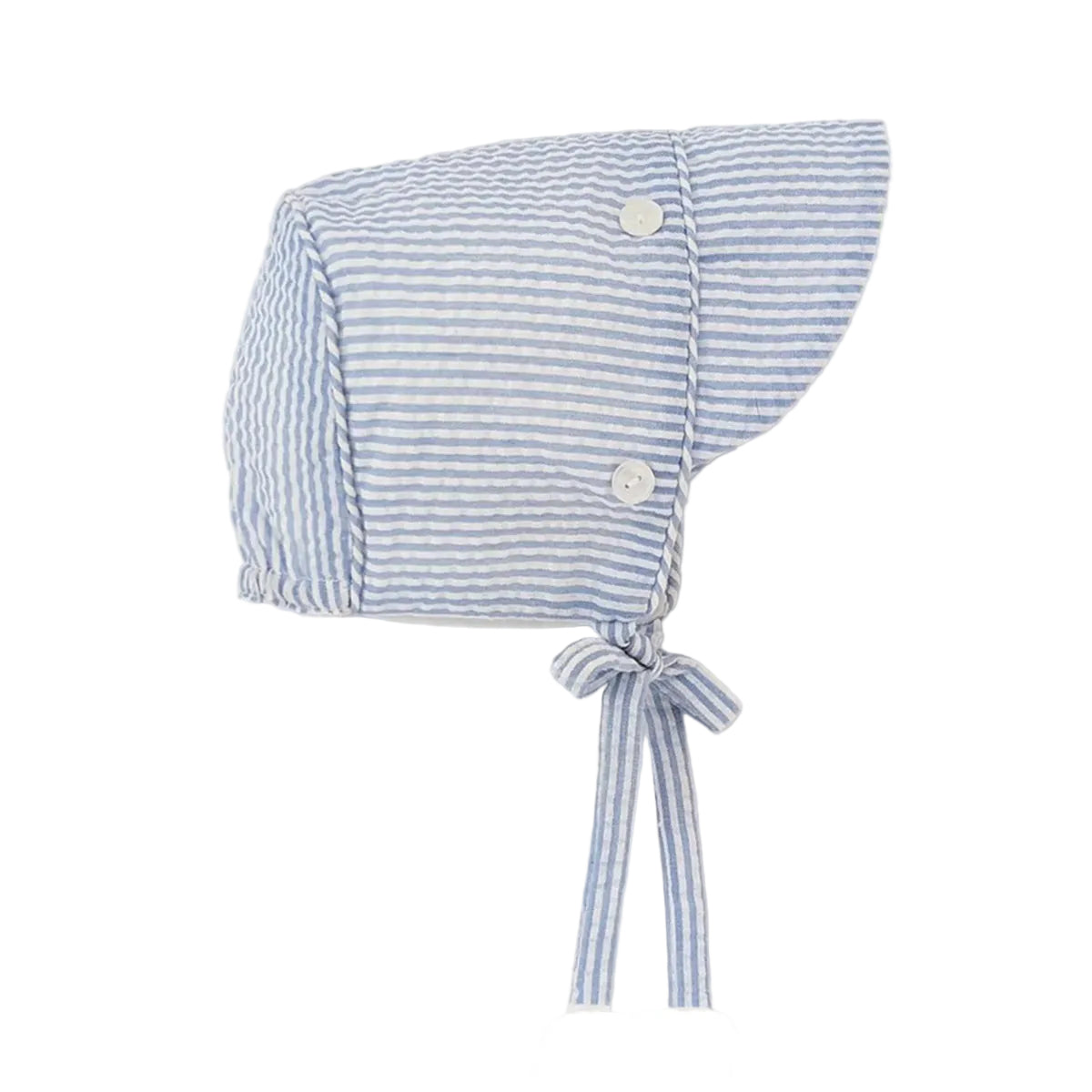 Blue and white striped baby boy sun bonnet classically styled with buttons and piped trim.