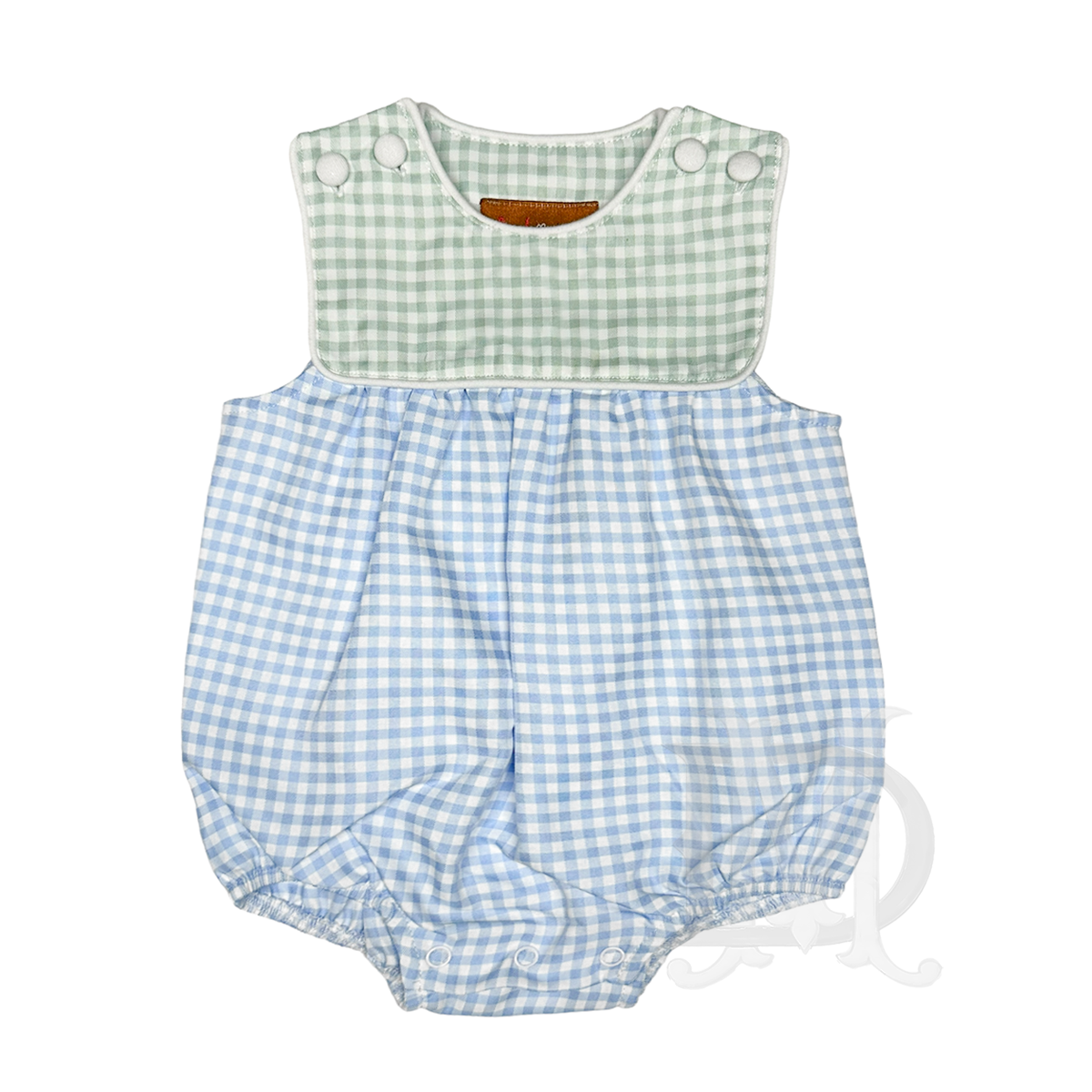 Baby boy bubble with green and blue gingham design with white piping and covered shoulder buttons.
