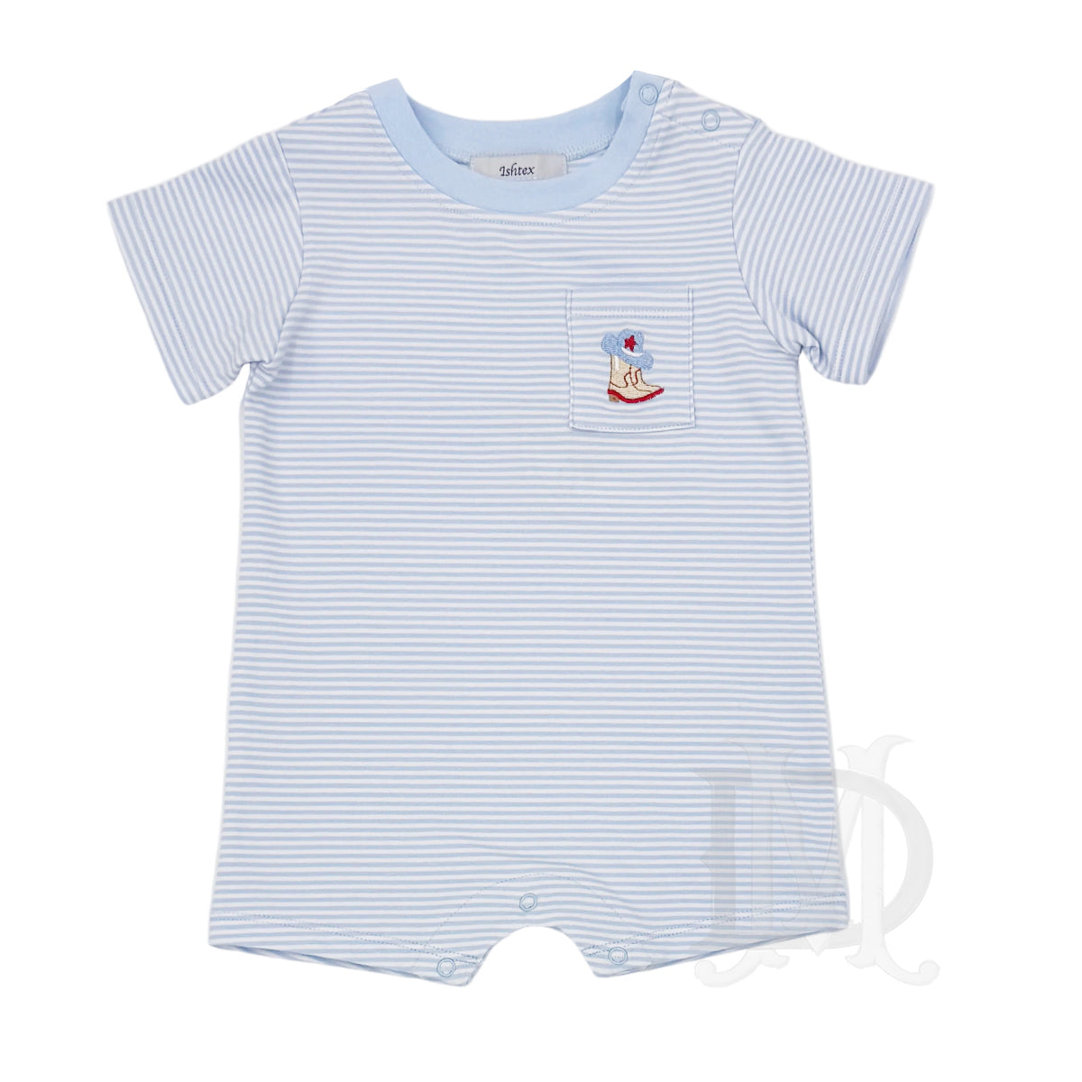 Light blue and white striped short sleeve baby romper with a pair of embroidered cowboy boots and a cowboy hat on the pocket.