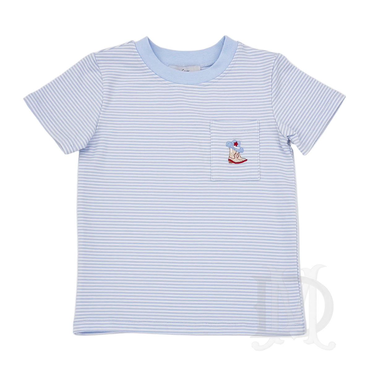 Light blue and white striped t-shirt with a pair of embroidered cowboy boots and a cowboy hat on the pocket.