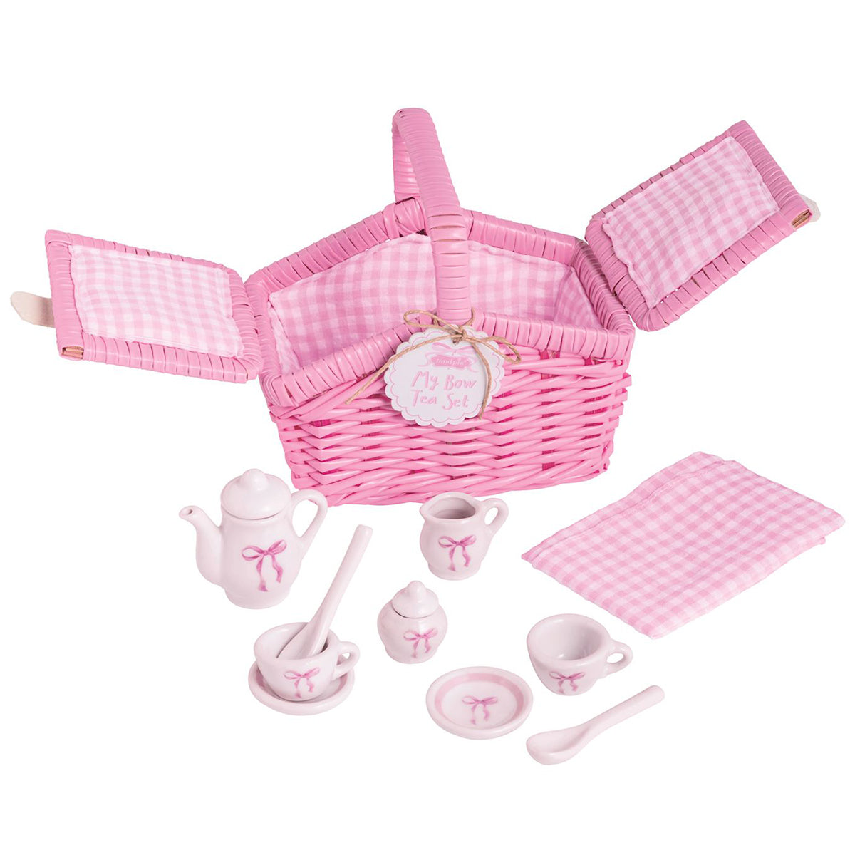 Pink toy picnic basket set with a miniature ceramic tea set featuring pink bows and a gingham tablecloth.