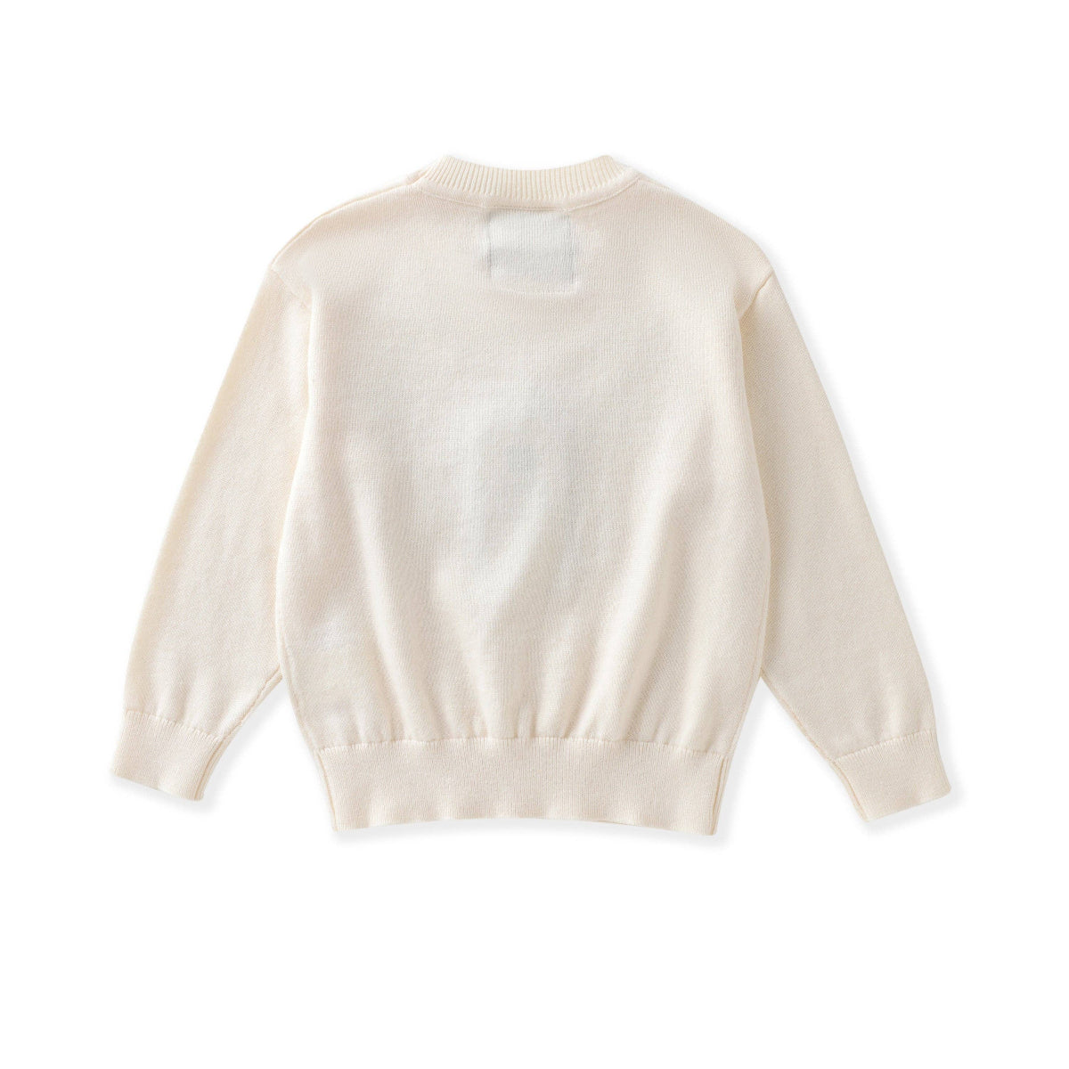A cream-colored knit sweater shown from the back, featuring long sleeves, ribbed cuffs, and a ribbed hem, laid flat against a white background.