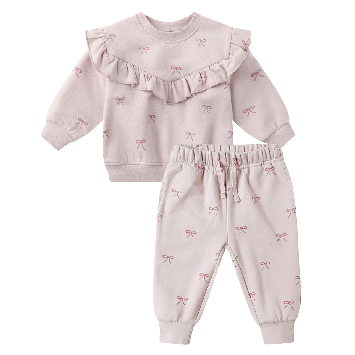 Girl’s blush pink ruffled French terry jogger pants set with a sweet pink bows print