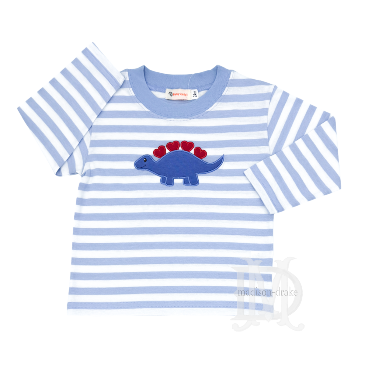 Boy's blue and white striped long sleeved tee with a dinosaur applique that has red hearts down his back.