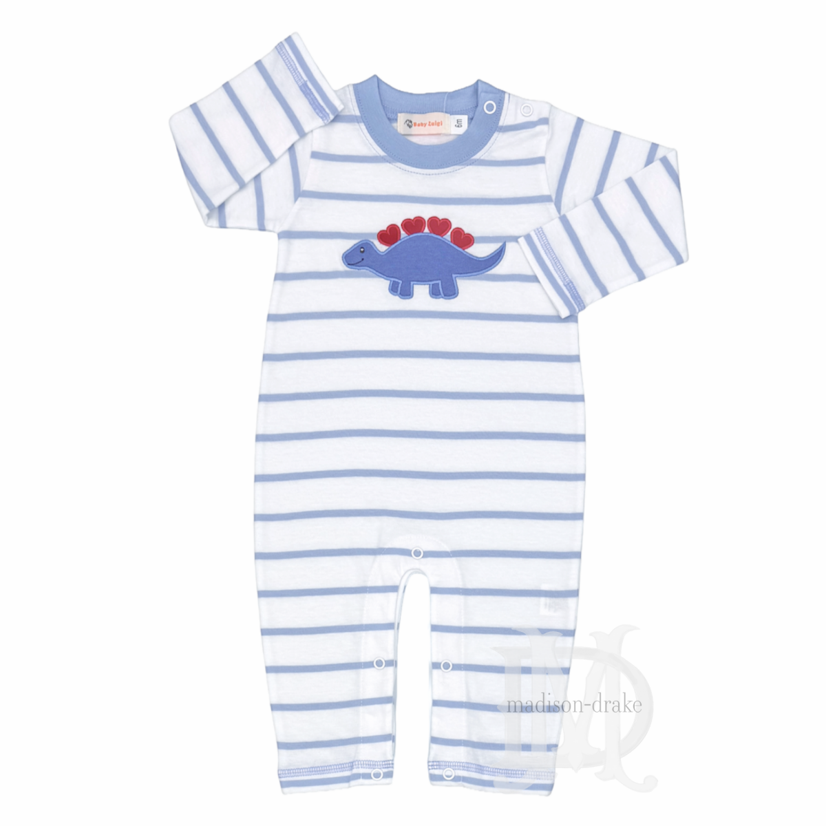 Boy's white with blue stripes Valentine's Day romper with a dinosaur applique and red hearts.