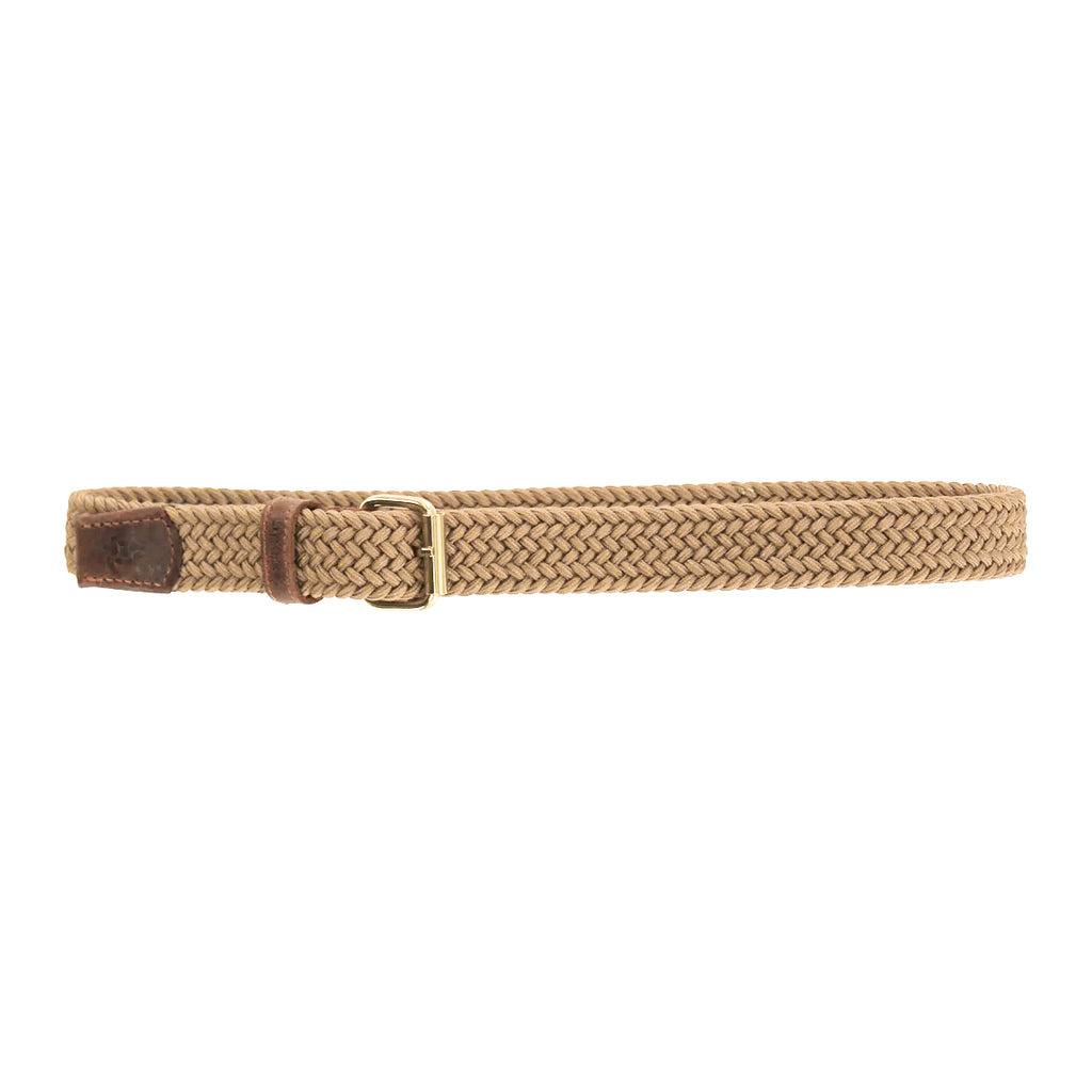 Beige woven belt with a brown leather patch and brass buckle