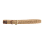 Beige woven belt with a brown leather patch and brass buckle