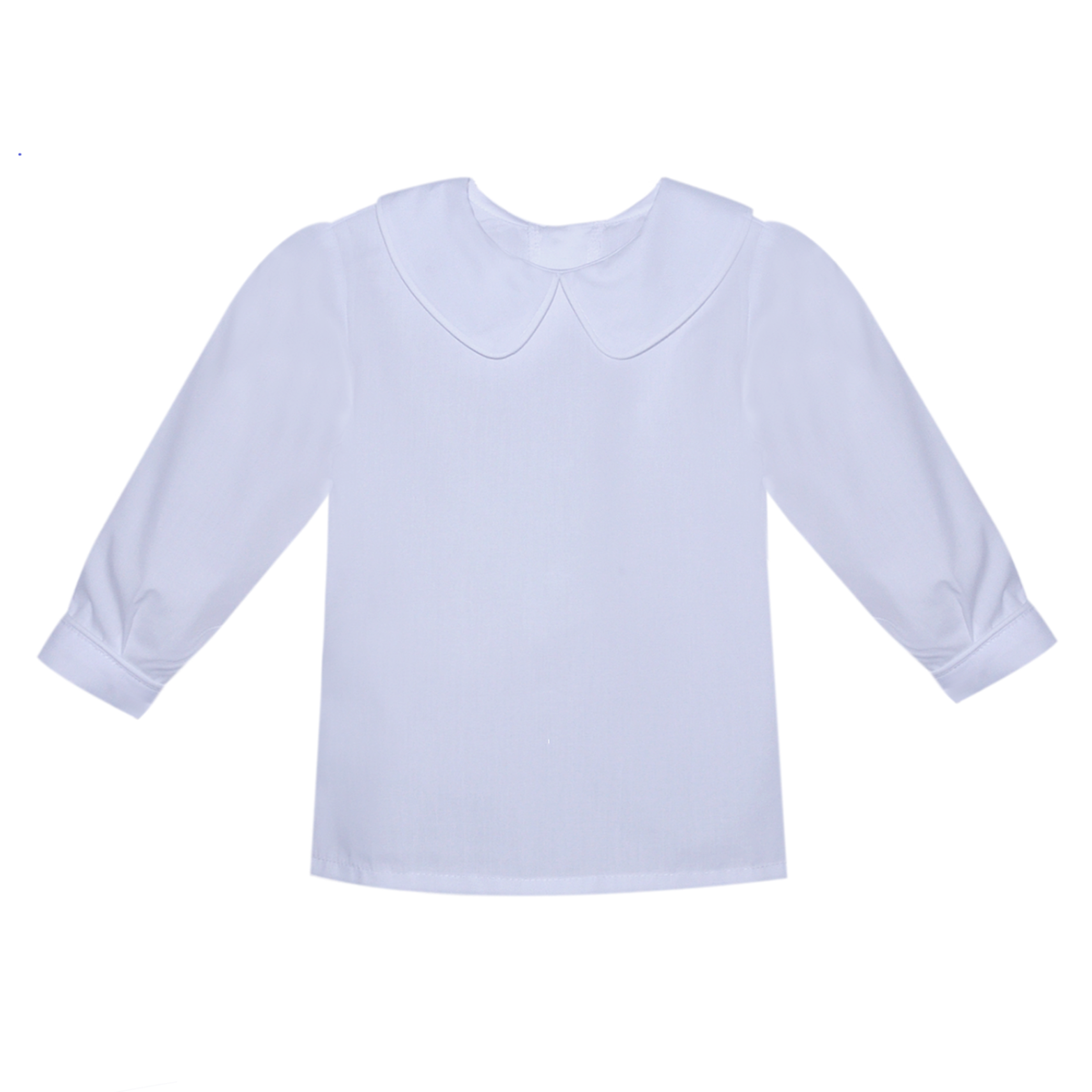 A white long-sleeve toddler boy dress shirt with a Peter Pan collar.