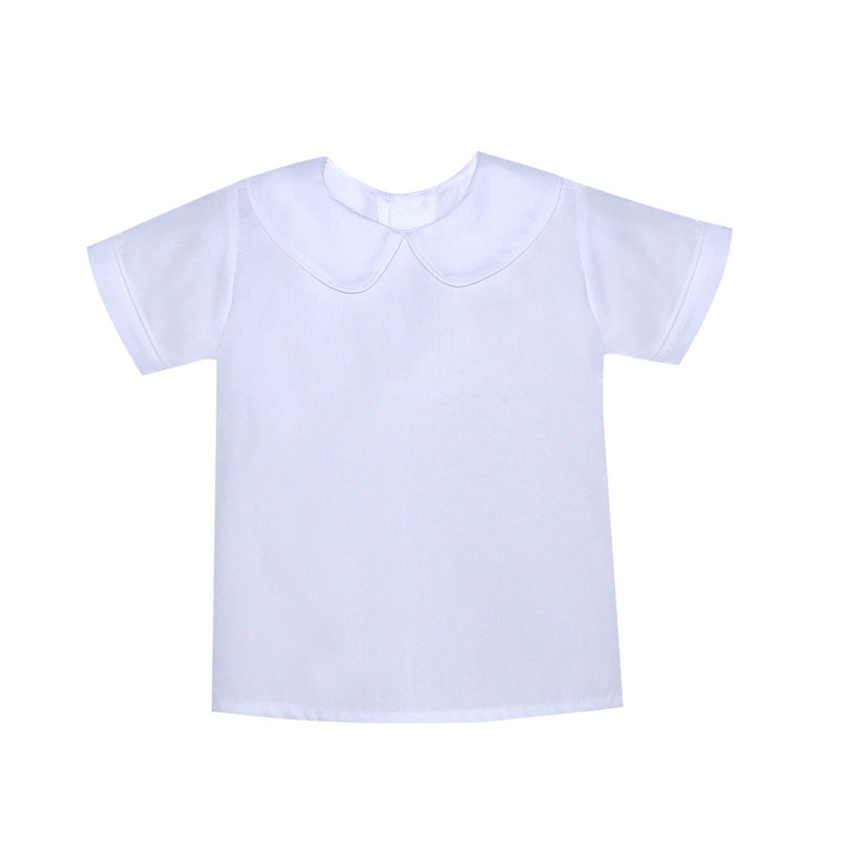 A white short-sleeve baby boy dress shirt with a Peter Pan collar.