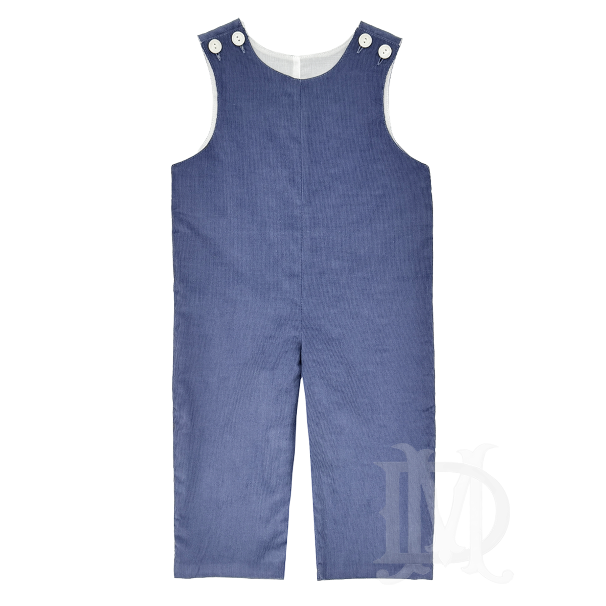 A boy's winter long jon-jon in a steel blue corduroy fabric featuring buttons at the shoulders and snap closure at the legs.