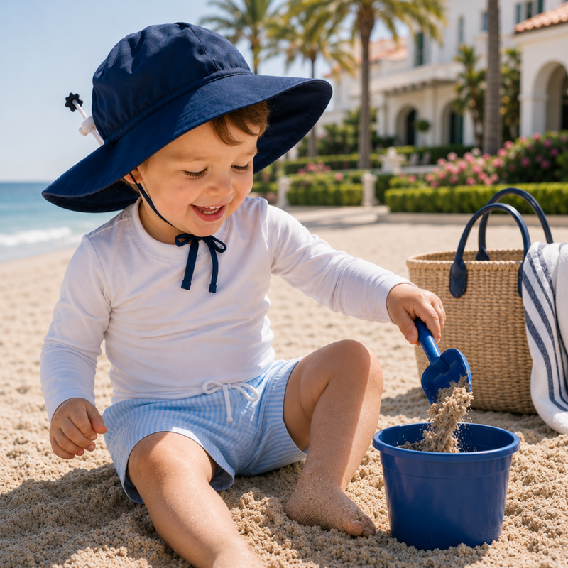 Toddler boy wearing a white rashguard, blue sunhat, and blue stripe swim trunks playing in the sand at a beach resort.