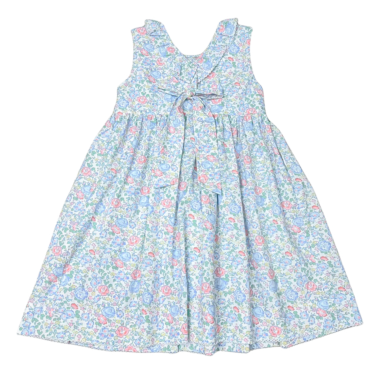 Back view of a girls blue and pink floral smocked bodice sleeveless dress with a ruffle at the collar and bow on the back.