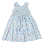 Girls blue and pink floral smocked bodice sleeveless dress with a ruffle at the collar.