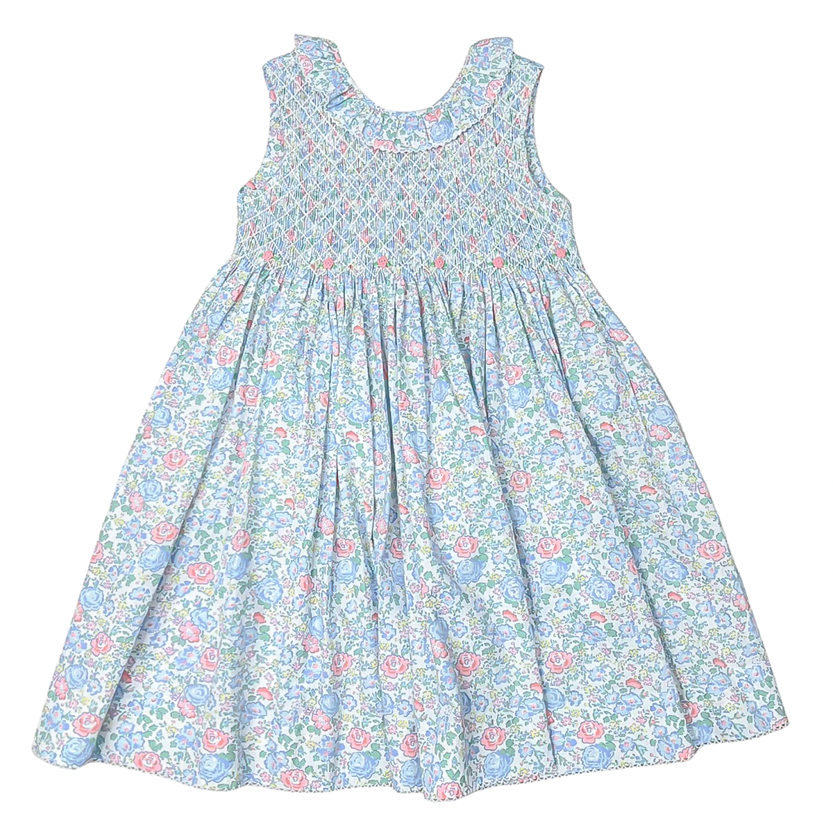 Girls blue and pink floral smocked bodice sleeveless dress with a ruffle at the collar.