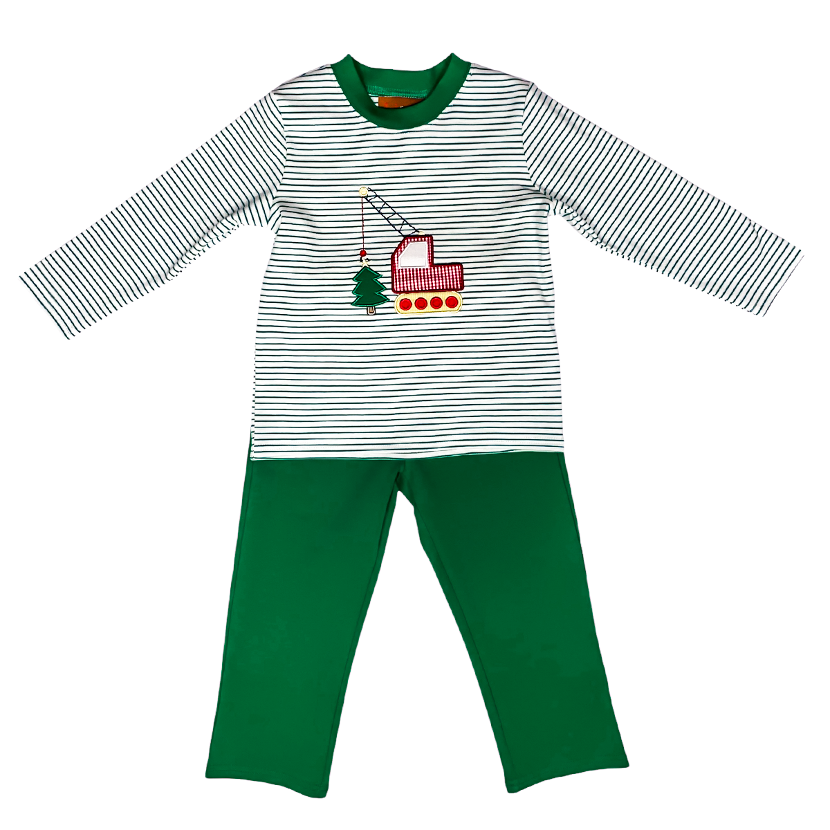 Festive toddler boy holiday outfit with applique crane lifting Christmas tree
