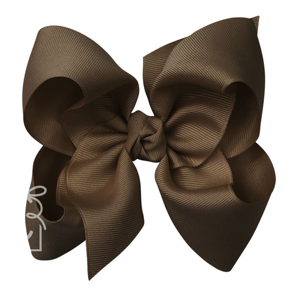 Large brown grosgrain classic hair bow with double knot center.