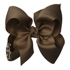 Large brown grosgrain classic hair bow with double knot center.