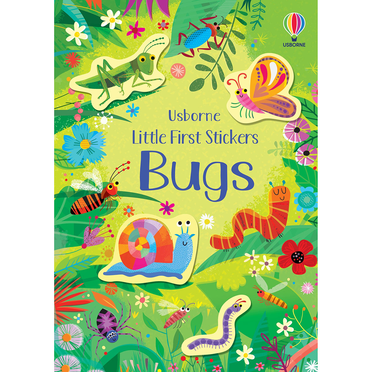 Book cover of 'Little First Stickers Bugs' by Usborne with colorful illustrations of insects and flowers.