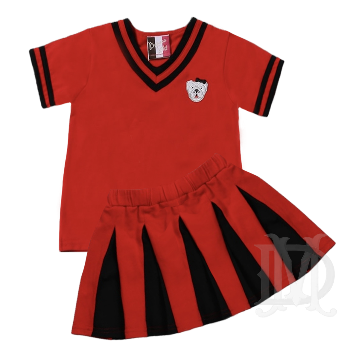 A two-piece girl's outfit consisting of a short-sleeve V-neck top and a pleated skirt, both in red with black stripes. The top features a white bulldog, and the skort has alternating red and black pleated panels.