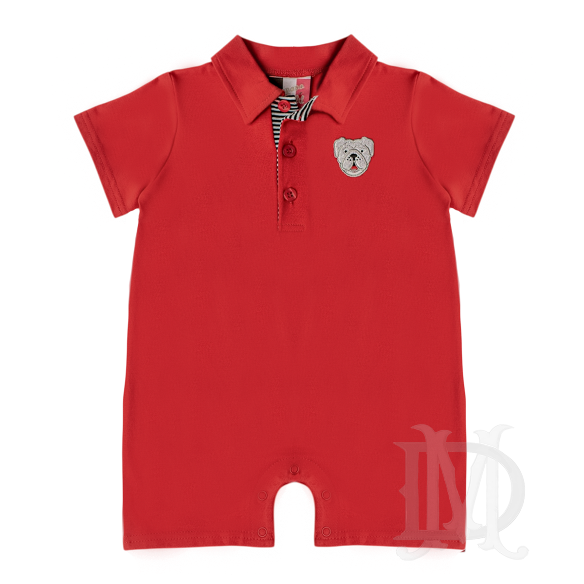 A baby boy's short-sleeve red polo romper with a three-button placket, a black and white striped inner collar, and a small embroidered bulldog.