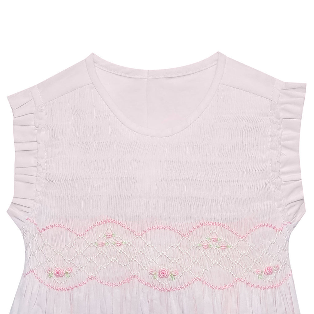 Baby girl pink smocked bodice with rose embroidery