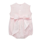 Baby girl pink smocked bubble with rose embroidery and bow