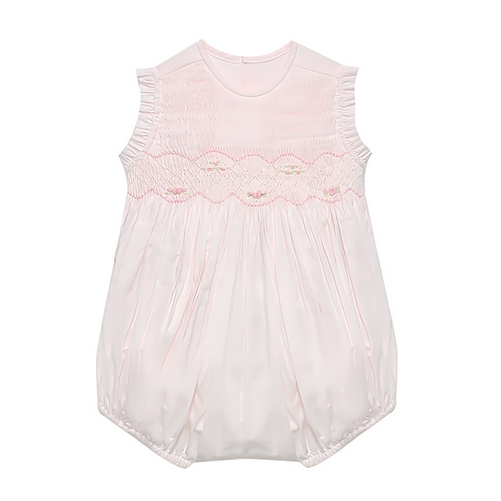 Baby girl pink smocked bubble with rose embroidery and bow