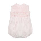 Baby girl pink smocked bubble with rose embroidery and bow