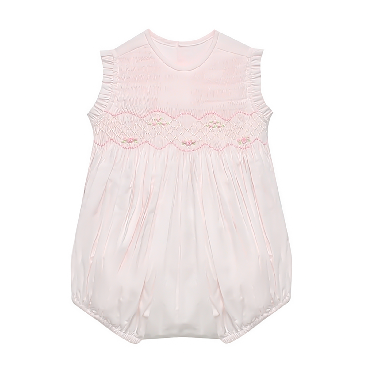 Baby girl pink smocked bubble with rose embroidery and bow