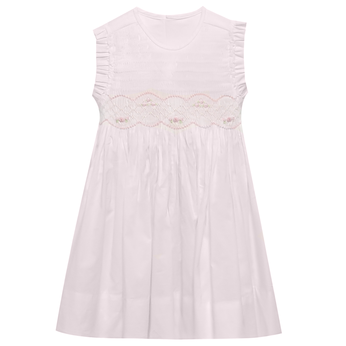 Toddler girl pink smocked dress with rose embroidery and bow