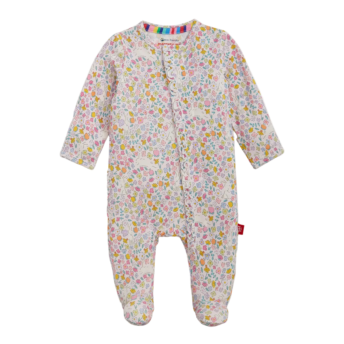 Bright spring color floral pattern baby girl's footed romper with a Magnetic Me tag.