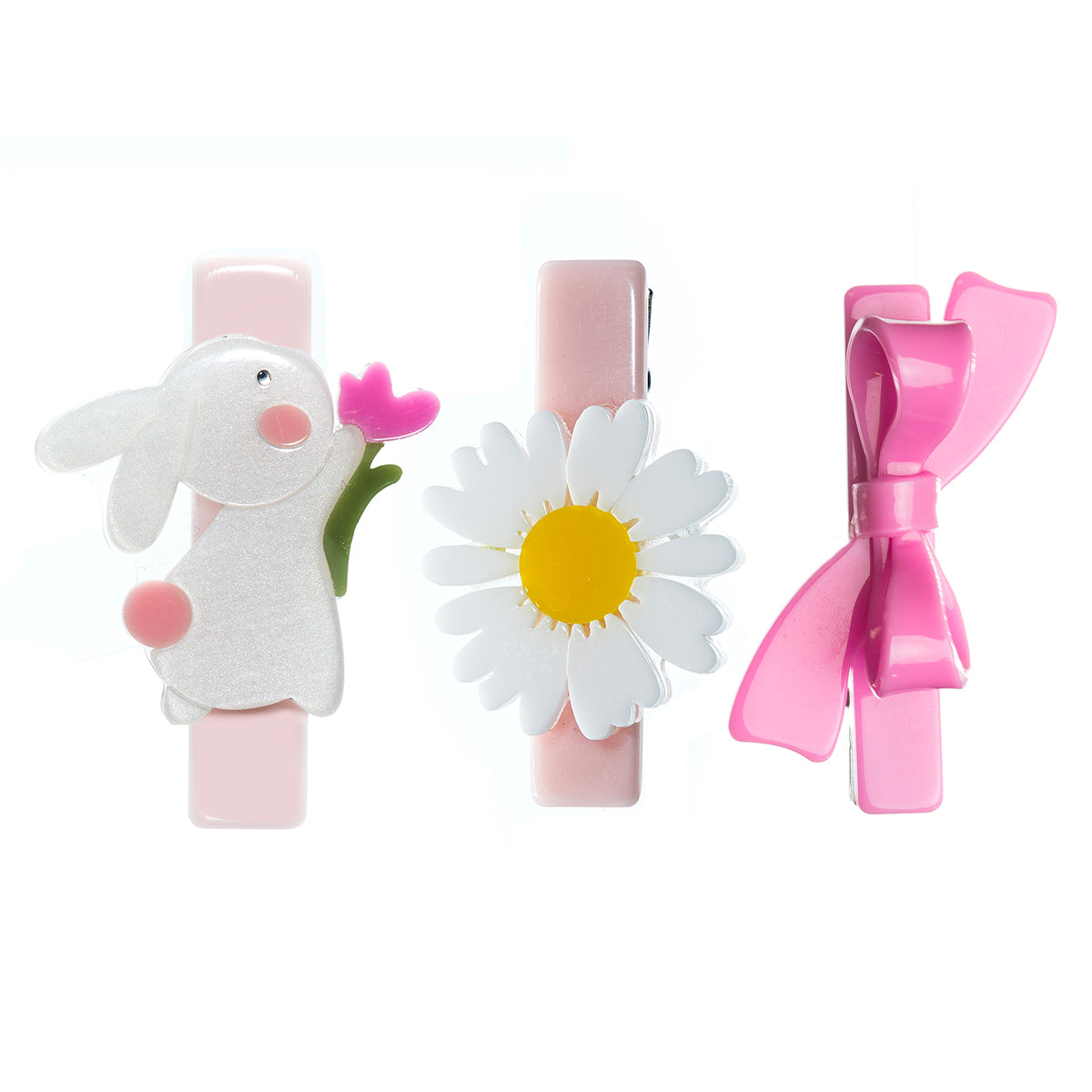 Set of three acrylic hair clips with bunny, flower, and bow design