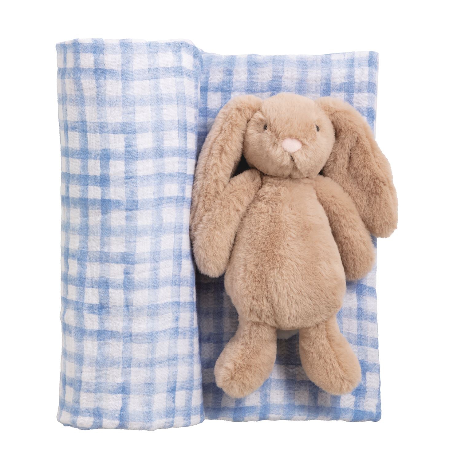 Plush bunny rabbit rattle toy on a blue and white gingham swaddle blanket