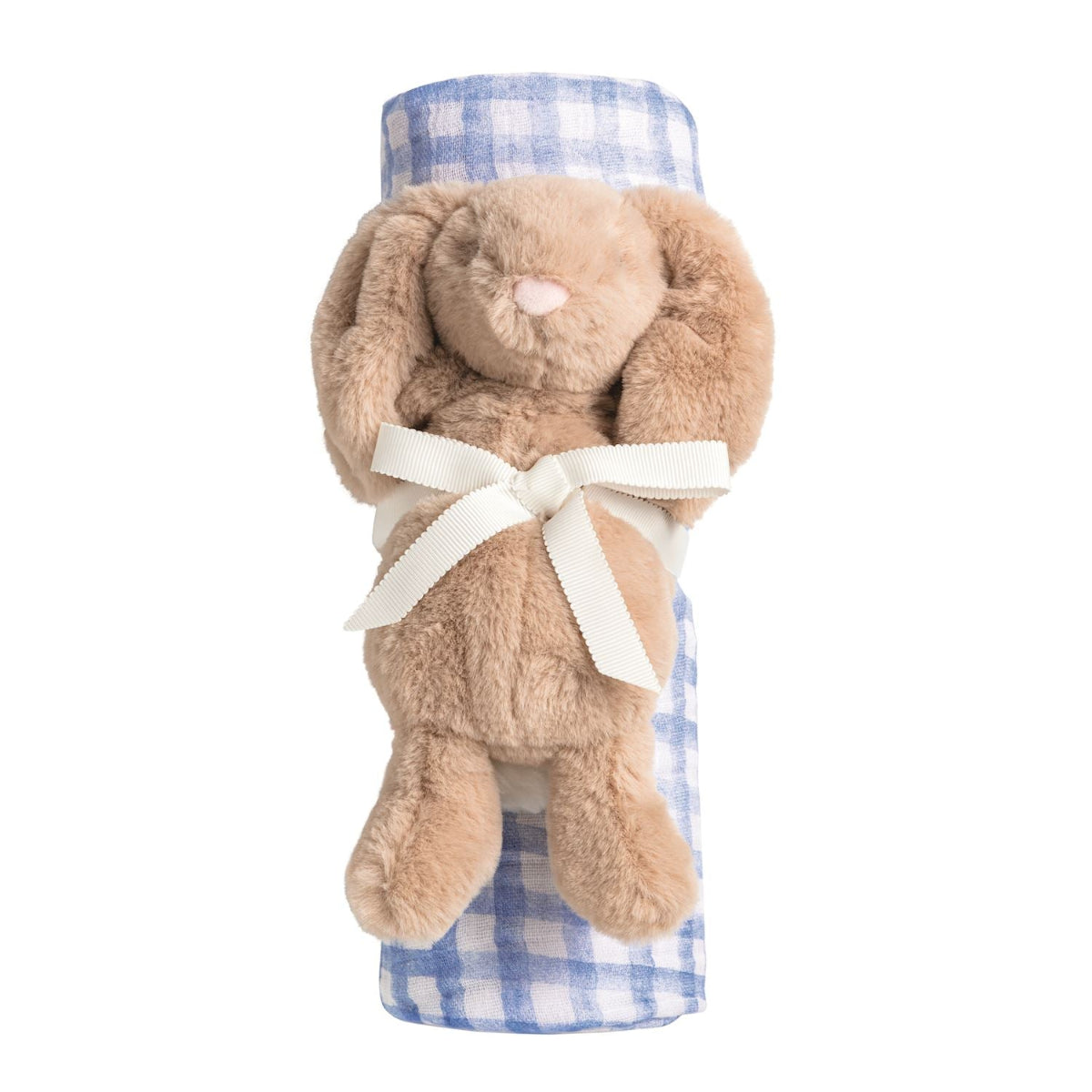 Plush bunny rabbit rattle and a blue checkered swaddle blanket gift set