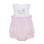 Pink windowpane check baby girl sunsuit with a white bib featuring hand embroidered flowers and butterflies.