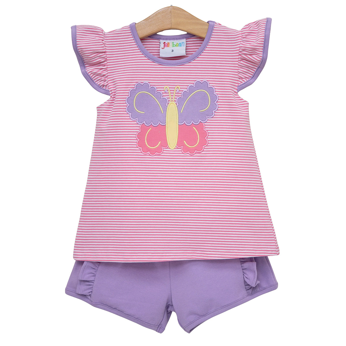 Pink stripe and lavender shorts outfit with a butterfly applique, flutter sleeves, and ruffle details. 