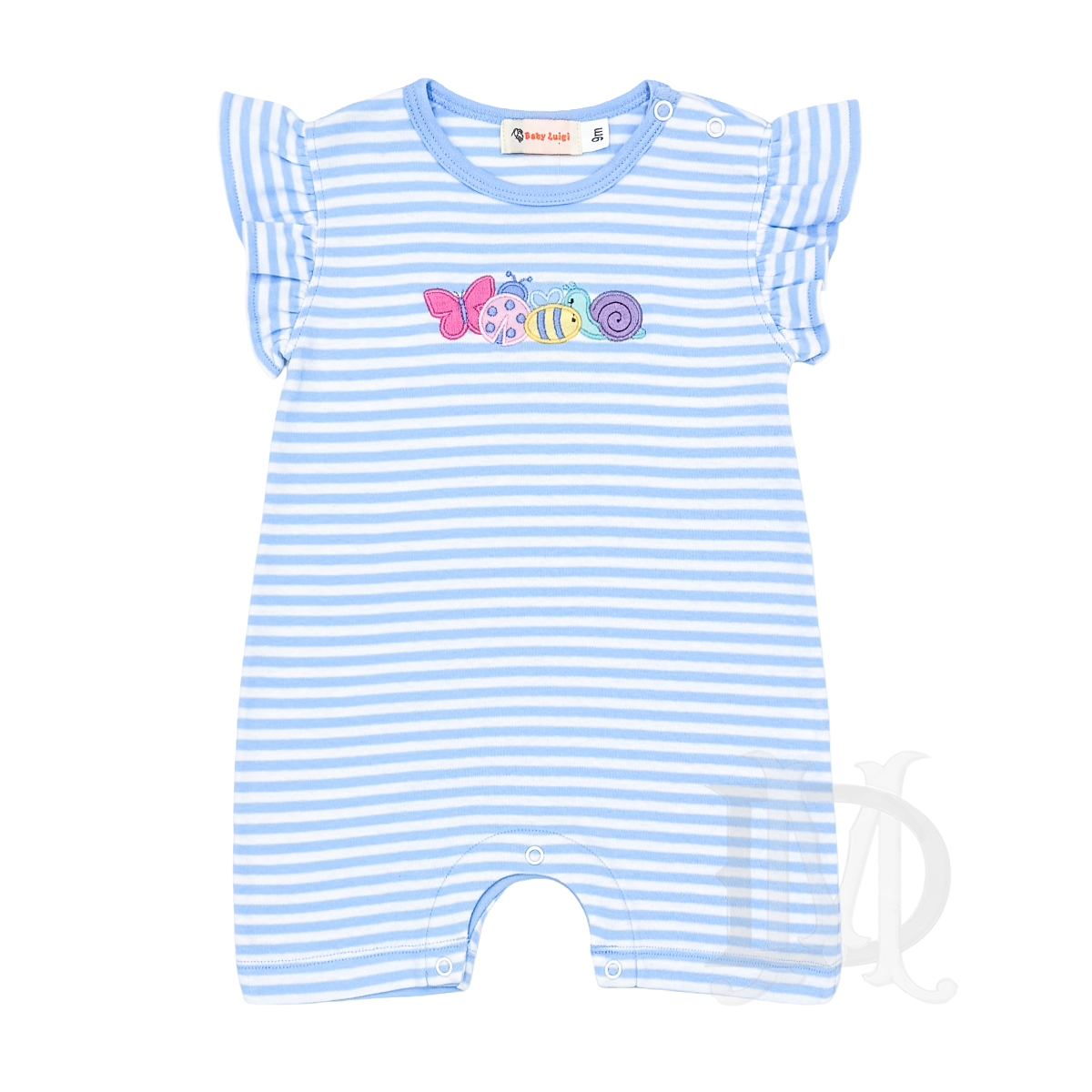 Baby girl blue stripe romper with garden friends applique butterfly, ladybug, bumblebee, snail.